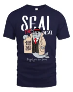 Seal The Deal Detective Fish Mobster Pun Graphic Tshirt - navy t-shirt on white background