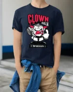 Angry Clown Killa Gangster Middle Finger Graphic Tshirt - model wearing navy tee with hands in pockets