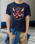Fierce Viking Boar Warrior Helmet Nord Style Graphic Tshirt - model wearing navy tee with hands in pockets