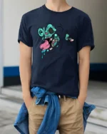 Scary Neon Melted Rodent Zombie Face Pop Art Soft Tshirt - model wearing navy tee with hands in pockets
