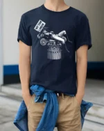 Humorous British History Napoleon Not Today London Graphic Tee - model wearing navy tee with hands in pockets