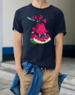 Grumpy Watermelon Smoking Cigar Cool Ladybug Graphic Tshirt - model wearing navy tee with hands in pockets