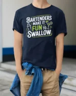 Funny Bartenders Make It Fun To Swallow Slogan Cocktail Tshirt - model wearing navy tee with hands in pockets