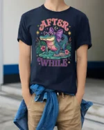 Adorable Alligator Sunglasses Violet Ribbon Bow Graphic Tee - model wearing navy tee with hands in pockets