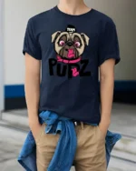Playful Team Pupz Pug Dog Pink Collar Graphic Tshirt - model wearing navy tee with hands in pockets