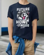 Future Howllywood Star Husky Dog Selfie Graphic Tshirt - model wearing navy tee with hands in pockets
