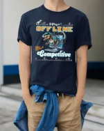 Retro Offline Competitive Dinosaur Computer Graphic Tee - model wearing navy tee with hands in pockets