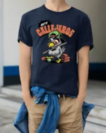Aggressive Pigeon Baseball Bat Bets Callejeros Tshirt - model wearing navy tee with hands in pockets