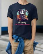 Cute Grim Reaper Go Away Im Introverting Graphic Tshirt - model wearing navy tee with hands in pockets
