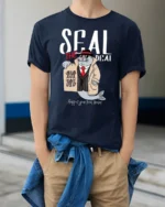 Seal The Deal Detective Fish Mobster Pun Graphic Tshirt - model wearing navy tee with hands in pockets