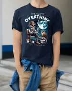 Humorous It’s Time To Overthink Skeleton Lounge Graphic Tee - model wearing navy tee with hands in pockets