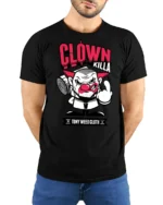 Angry Clown Killa Gangster Middle Finger Graphic Tshirt - model wearing black tee with hands behind back