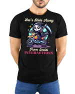 Introvert Grim Reaper Riding Motorcycle Slogan Tshirt - model wearing black tee with hands behind back