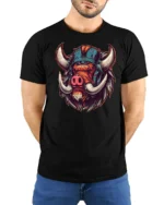 Fierce Viking Boar Warrior Helmet Nord Style Graphic Tshirt - model wearing black tee with hands behind back