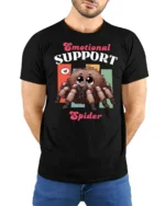 Cute Emotional Support Spider Fluffy Tarantula Graphic Tee - model wearing black tee with hands behind back
