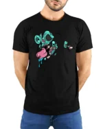 Scary Neon Melted Rodent Zombie Face Pop Art Soft Tshirt - model wearing black tee with hands behind back