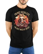 Adventurous Motorbiking Fox Wild At Heart Custom Graphic Tee - model wearing black tee with hands behind back