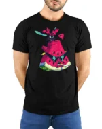 Grumpy Watermelon Smoking Cigar Cool Ladybug Graphic Tshirt - model wearing black tee with hands behind back