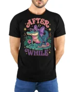 Adorable Alligator Sunglasses Violet Ribbon Bow Graphic Tee - model wearing black tee with hands behind back