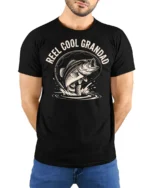 Reel Cool Grandad Fishing Bass Vintage Graphic Tshirt - model wearing black tee with hands behind back