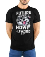 Future Howllywood Star Husky Dog Selfie Graphic Tshirt - model wearing black tee with hands behind back