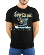 Retro Offline Competitive Dinosaur Computer Graphic Tee - model wearing black tee with hands behind back