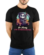 Cute Grim Reaper Go Away Im Introverting Graphic Tshirt - model wearing black tee with hands behind back