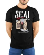 Seal The Deal Detective Fish Mobster Pun Graphic Tshirt - model wearing black tee with hands behind back