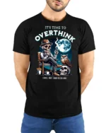 Humorous It’s Time To Overthink Skeleton Lounge Graphic Tee - model wearing black tee with hands behind back
