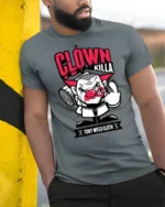 Angry Clown Killa Gangster Middle Finger Graphic Tshirt - model wearing grey tee, leaning on column