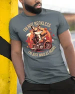 Adventurous Motorbiking Fox Wild At Heart Custom Graphic Tee - model wearing grey tee, leaning on column