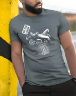 Humorous British History Napoleon Not Today London Graphic Tee - model wearing grey tee, leaning on column