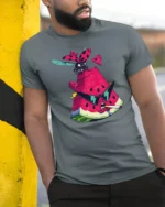 Grumpy Watermelon Smoking Cigar Cool Ladybug Graphic Tshirt - model wearing grey tee, leaning on column