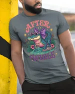 Adorable Alligator Sunglasses Violet Ribbon Bow Graphic Tee - model wearing grey tee, leaning on column