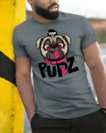 Playful Team Pupz Pug Dog Pink Collar Graphic Tshirt - model wearing grey tee, leaning on column