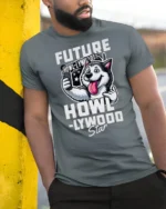 Future Howllywood Star Husky Dog Selfie Graphic Tshirt - model wearing grey tee, leaning on column
