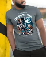 Humorous It’s Time To Overthink Skeleton Lounge Graphic Tee - model wearing grey tee, leaning on column