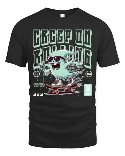 Funny Creep On Rolling Ghost Skateboard Graphic Tshirt - black t-shirt on white background