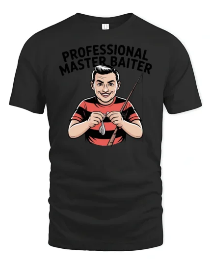 Professional Master Baiter Fishing Retro Comic Custom Tshirt - black t-shirt on white background