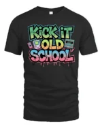 Vibrant Retro Kick It Old School Graffiti Graphic Tshirt - black t-shirt on white background