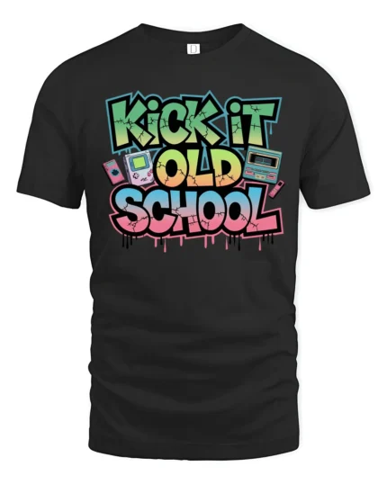 Vibrant Retro Kick It Old School Graffiti Graphic Tshirt - black t-shirt on white background