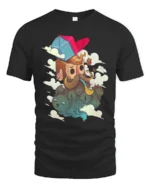 Hipster Bearded Man Smoking Pipe Floating Cats Graphic Tee - black t-shirt on white background