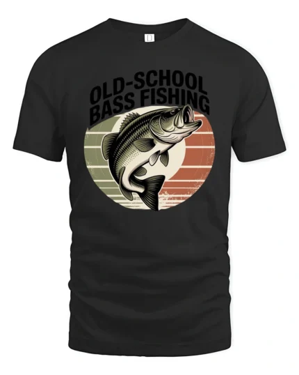 Retro Style Old School Bass Fishing Distressed Sunset Tshirt - black t-shirt on white background