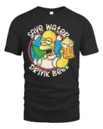 Save Water Drink Beer Character Earth Graphic Tshirt - black t-shirt on white background