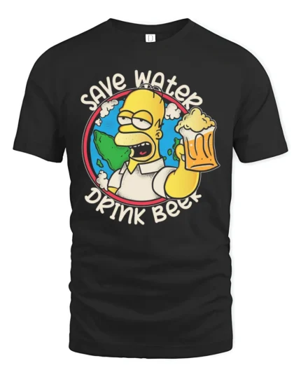 Save Water Drink Beer Character Earth Graphic Tshirt - black t-shirt on white background