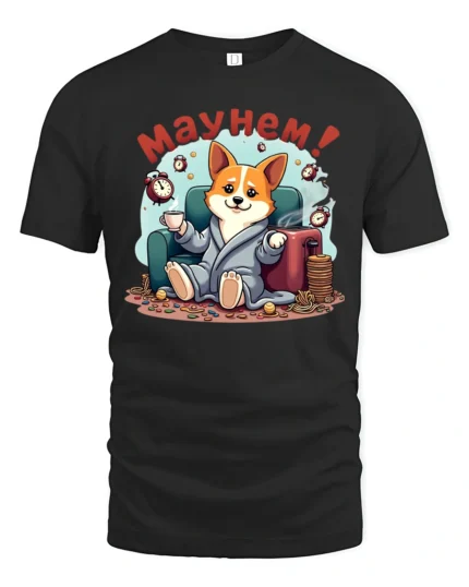 Corgi Dog Mayhem Morning Coffee Alarm Clock Graphic Tee - black t-shirt on white background