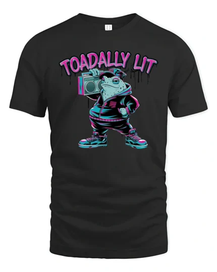 Urban Streetwear Frog Boombox Neon Typography Graphic Tee - black t-shirt on white background