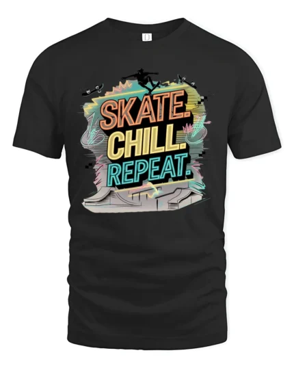 Vibrant Neon Skate Chill Repeat Pastel Gradient Tshirt - black t-shirt on white background