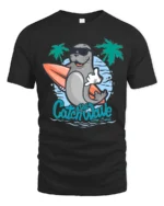 Cool Surfing Seal Catch The Wave Beach Graphic Tshirt - black t-shirt on white background