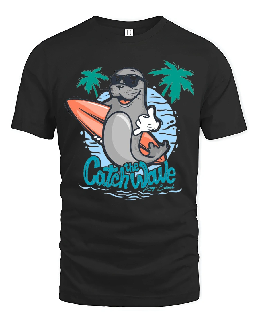 Cool Surfing Seal Catch The Wave Beach Graphic Tshirt - 1 Cool Surfing Seal Catch The Wave Beach Graphic Tshirt - black t-shirt on white background
